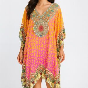 KRISTALS Kaftan Dress Women's XL Multicolor Jewel Embellished Beachwear